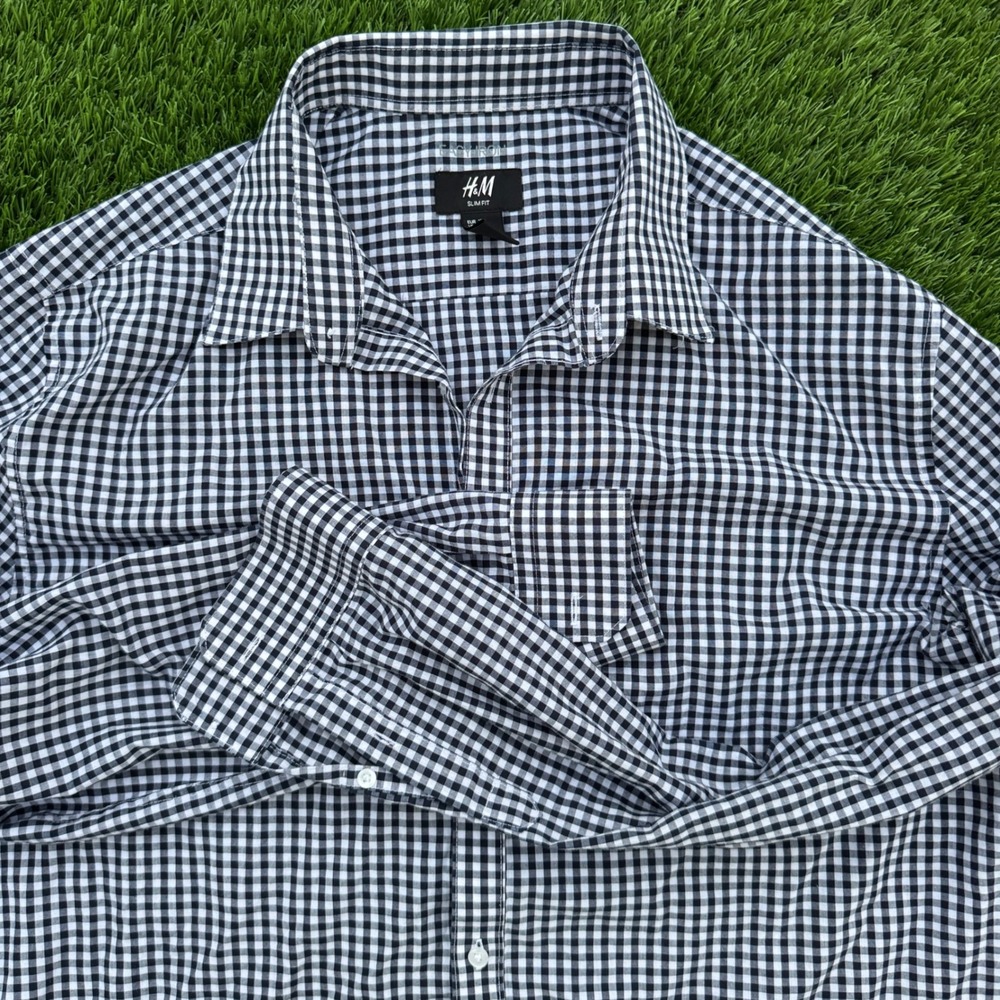 H&M Mens XL Slim Fit Easy Iron Gingham Button Shirt Navy White 05519896